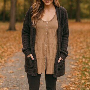 Illia NWT Tan Nude Suede Leather Ribbed Tank Top Tunic Long Sleeveless Tee Sz 4